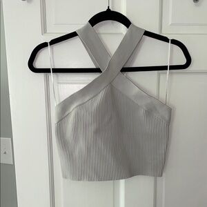 Sincerely Jules Gray Ribbed Crop Top with Cross-Neck